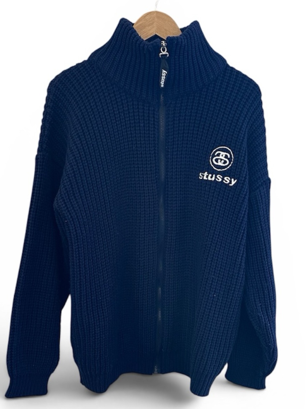 Stussy Navy Full-Zip Ribbed Knit Jacket Mens Size XL